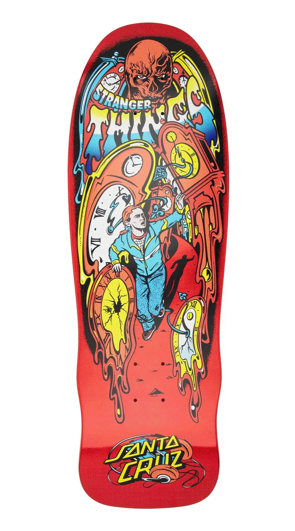 Santa Cruz x Stranger Things Grabke Max Melting Clock red 9.7 inch skateboard deck with glow in the dark melting clock artwork