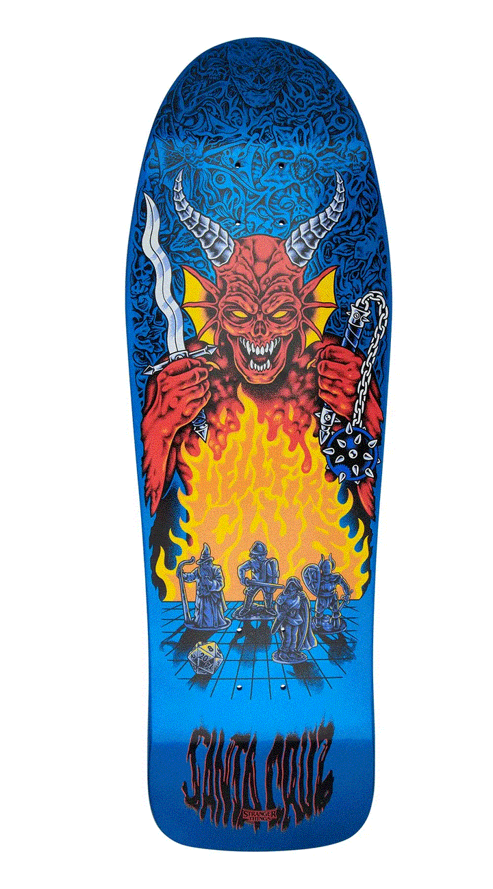 Santa Cruz x Stranger Things Knox Hellfire Pit blue 10.07 inch skateboard deck with glow in the dark demon and DnD artwork