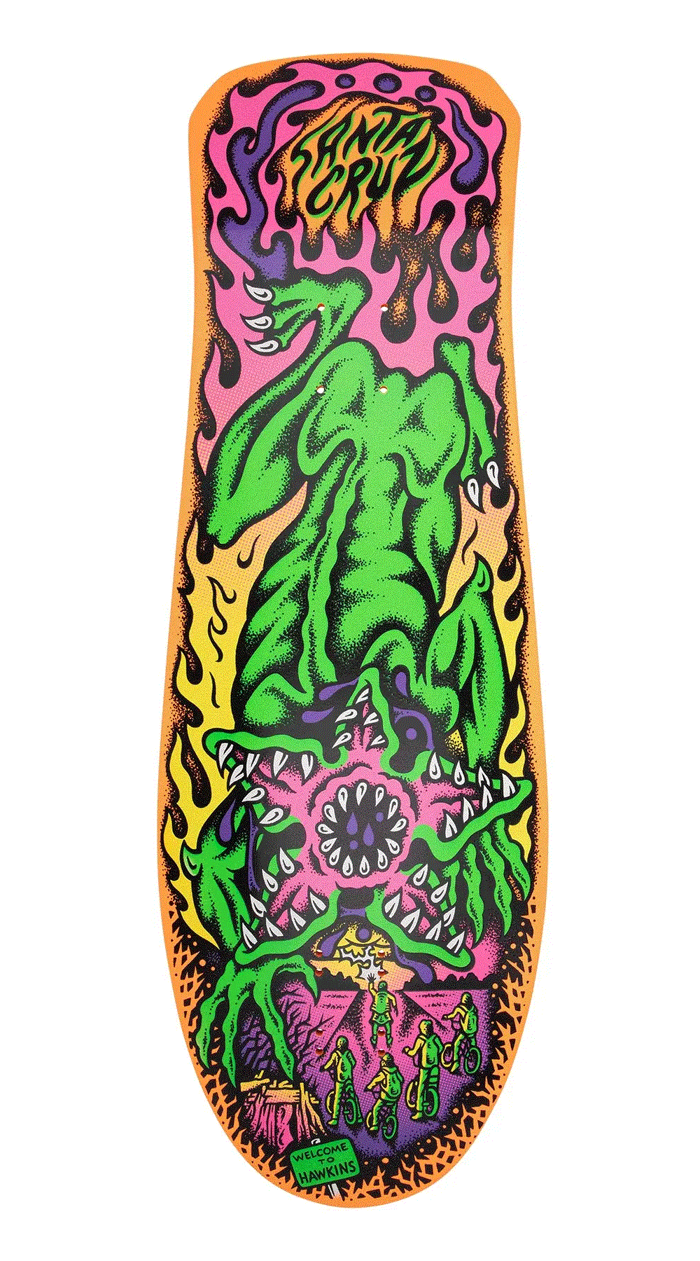 Santa Cruz x Stranger Things Salba Demogorgon 10.3 inch orange skateboard deck with glow in the dark Demogorgon artwork