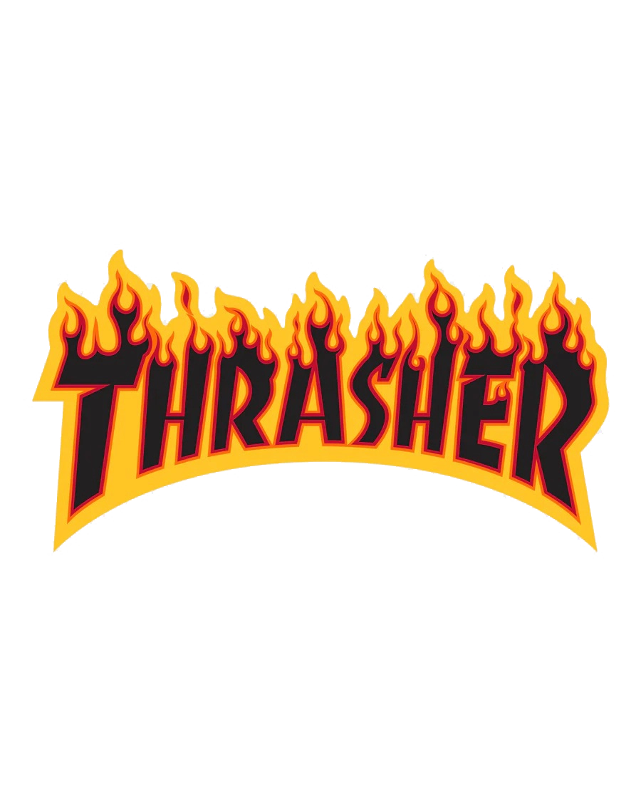 Thrasher Flame Logo black 10-inch skateboard sticker with red and yellow fire lettering.