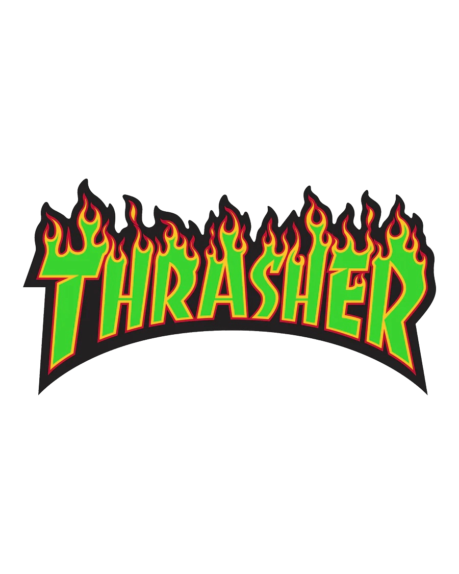 Thrasher Flame Logo 10-inch green sticker with red and yellow fire lettering.