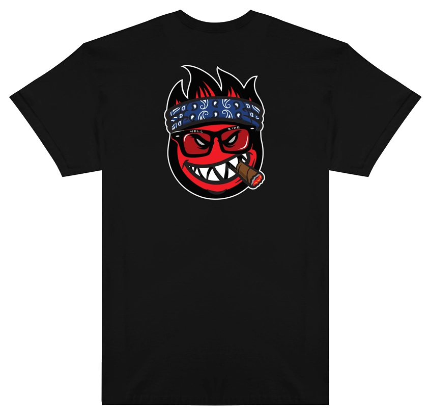 Thrasher x Spitfire black tee with red Thrasher logo front and Bighead Jake graphic back.