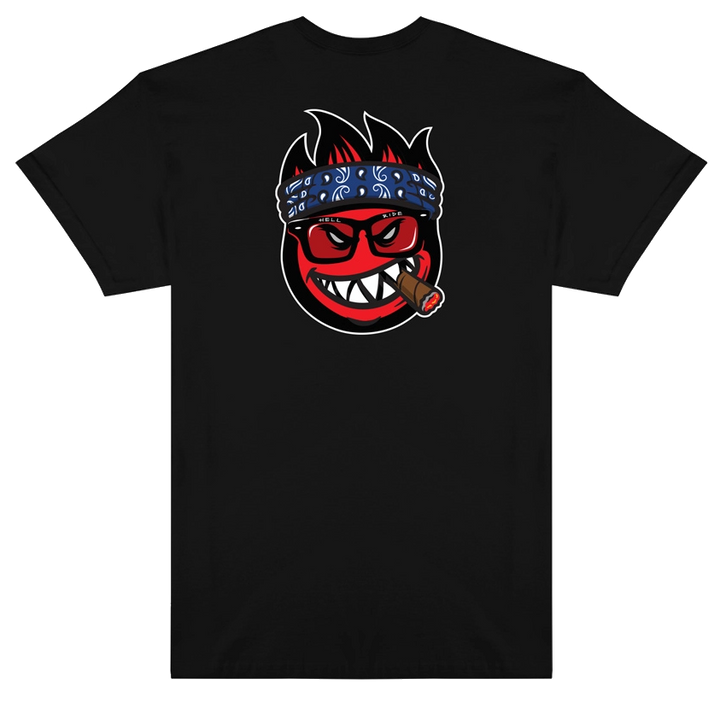 Thrasher x Spitfire black tee with red Thrasher logo front and Bighead Jake graphic back.