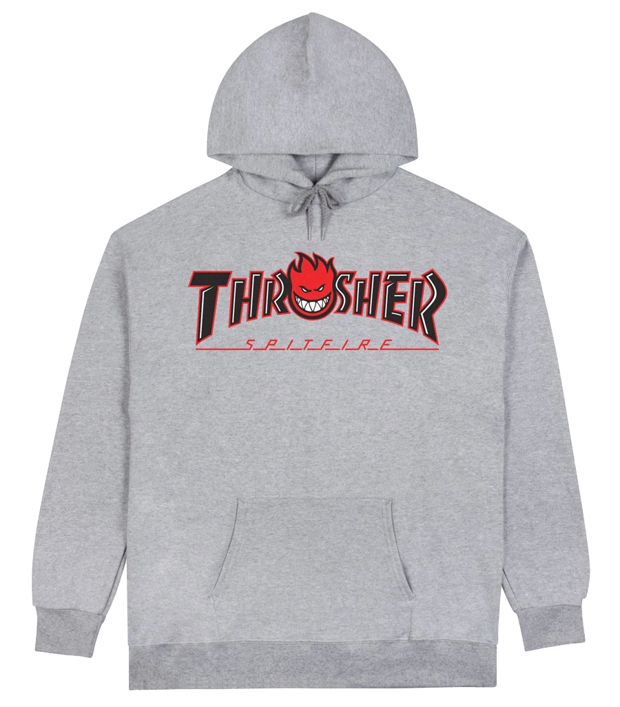 Ash grey Thrasher x Spitfire Bighead Outline hoodie with bold red graphic