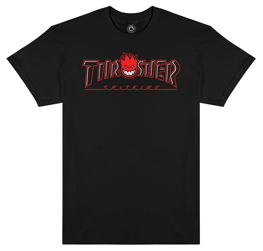 Thrasher x Spitfire black t-shirt with red Bighead Outline logo graphic.