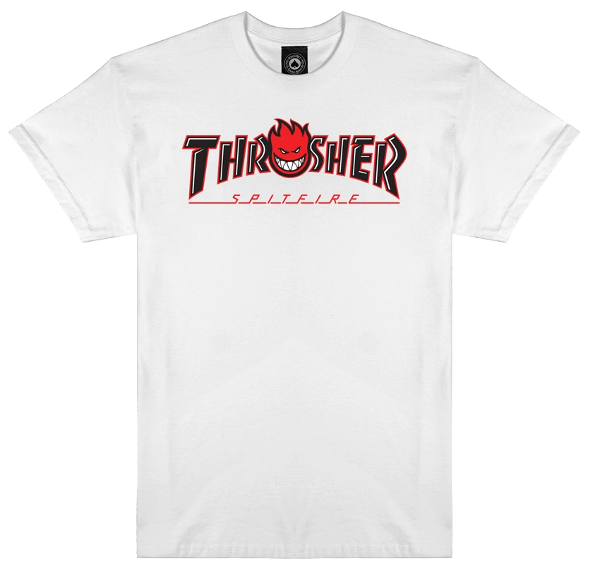 Thrasher x Spitfire white t-shirt with Bighead Outline logo graphic in red and black.