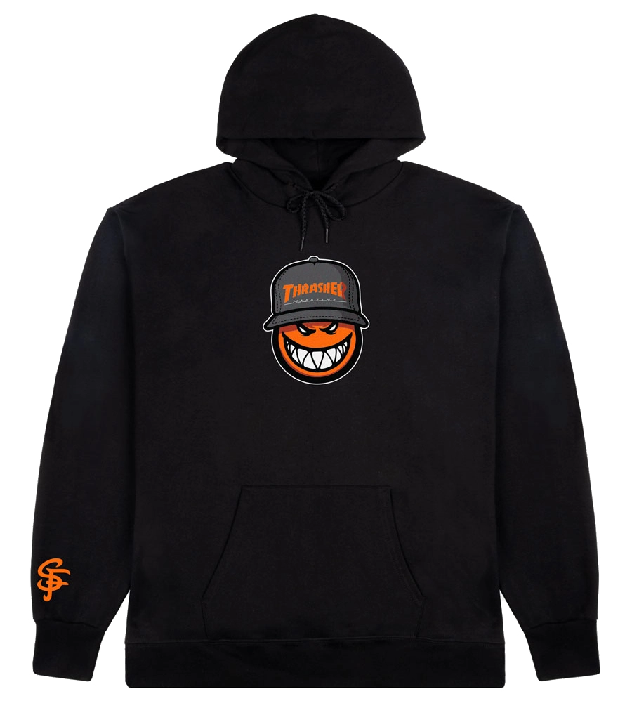 Black Thrasher x Spitfire SF Loc hoodie with Bighead graphic and sleeve logo