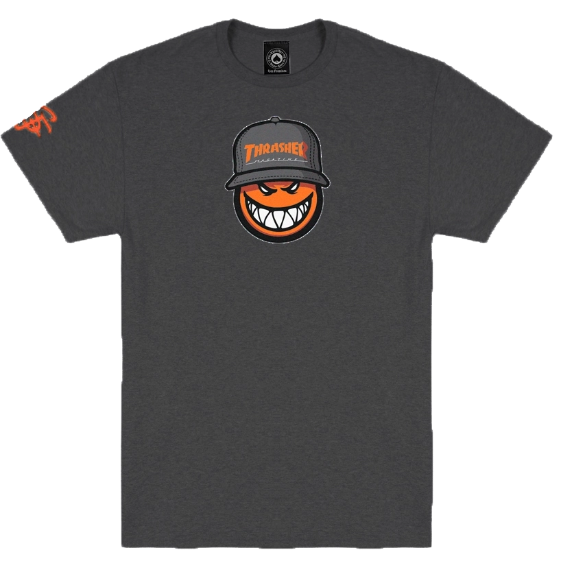 Thrasher x Spitfire SF Loc Tee dark grey with Thrasher hat Bighead graphic and sleeve logo