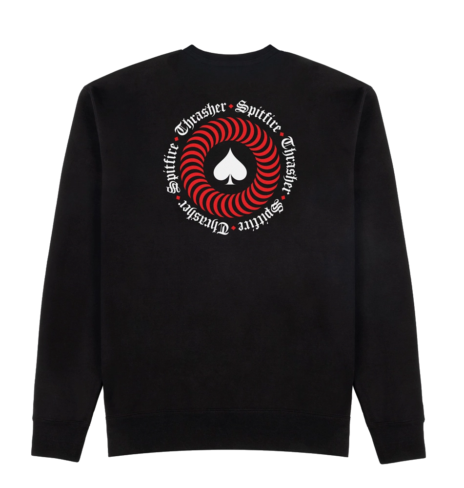 Black Thrasher x Spitfire crewneck with front Old English logo and large back red spiral Oath graphic