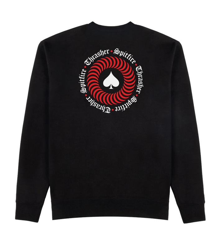 Black Thrasher x Spitfire crewneck with front Old English logo and large back red spiral Oath graphic