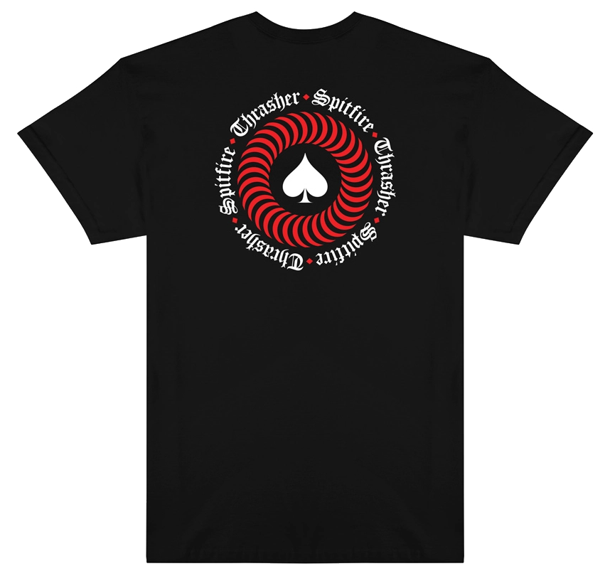 Thrasher x Spitfire black t-shirt with Gothic Thrasher front and swirl spade back graphic.