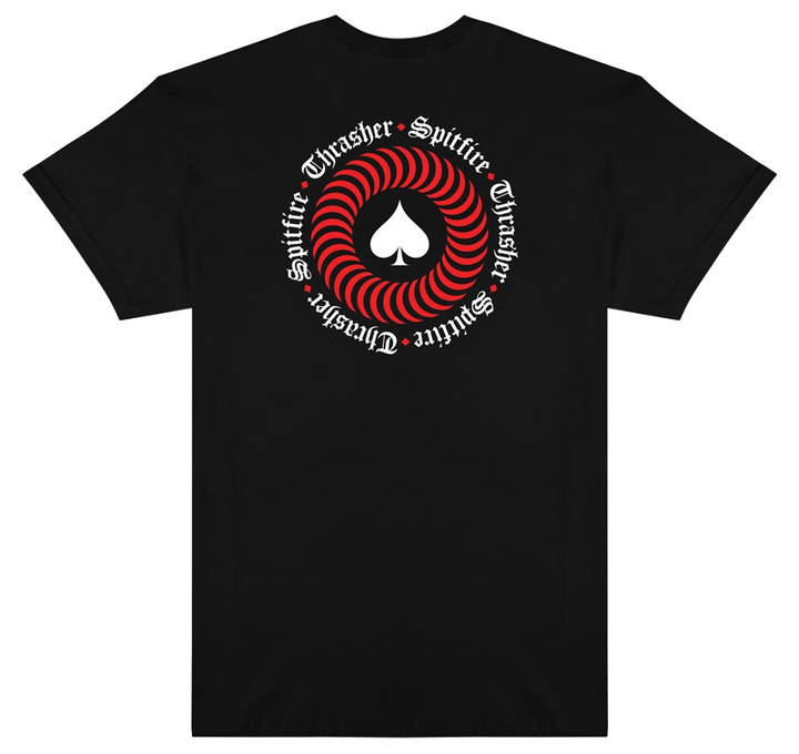 Thrasher x Spitfire black t-shirt with Gothic Thrasher front and swirl spade back graphic.