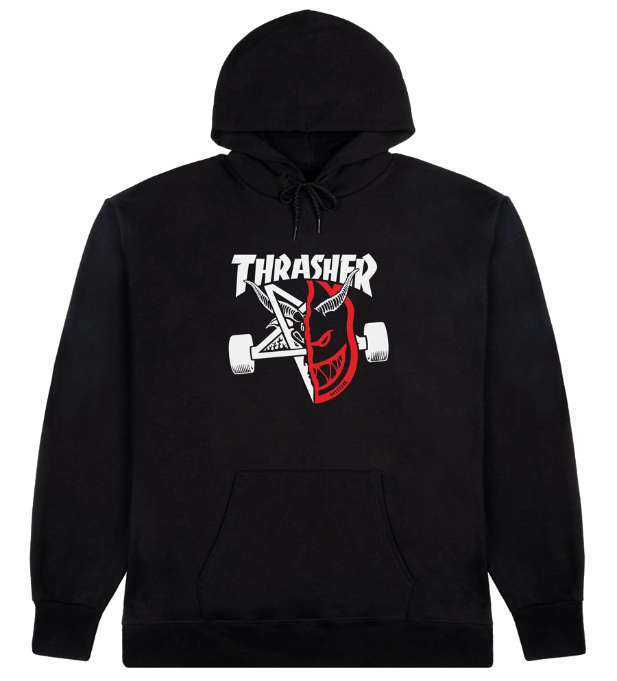 Black Thrasher x Spitfire Thrash & Burn hoodie with bold split red and white graphic