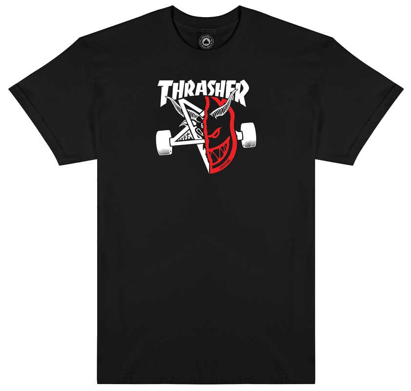 Thrasher x Spitfire black t-shirt with split Thrash & Burn logo graphic in red and white.
