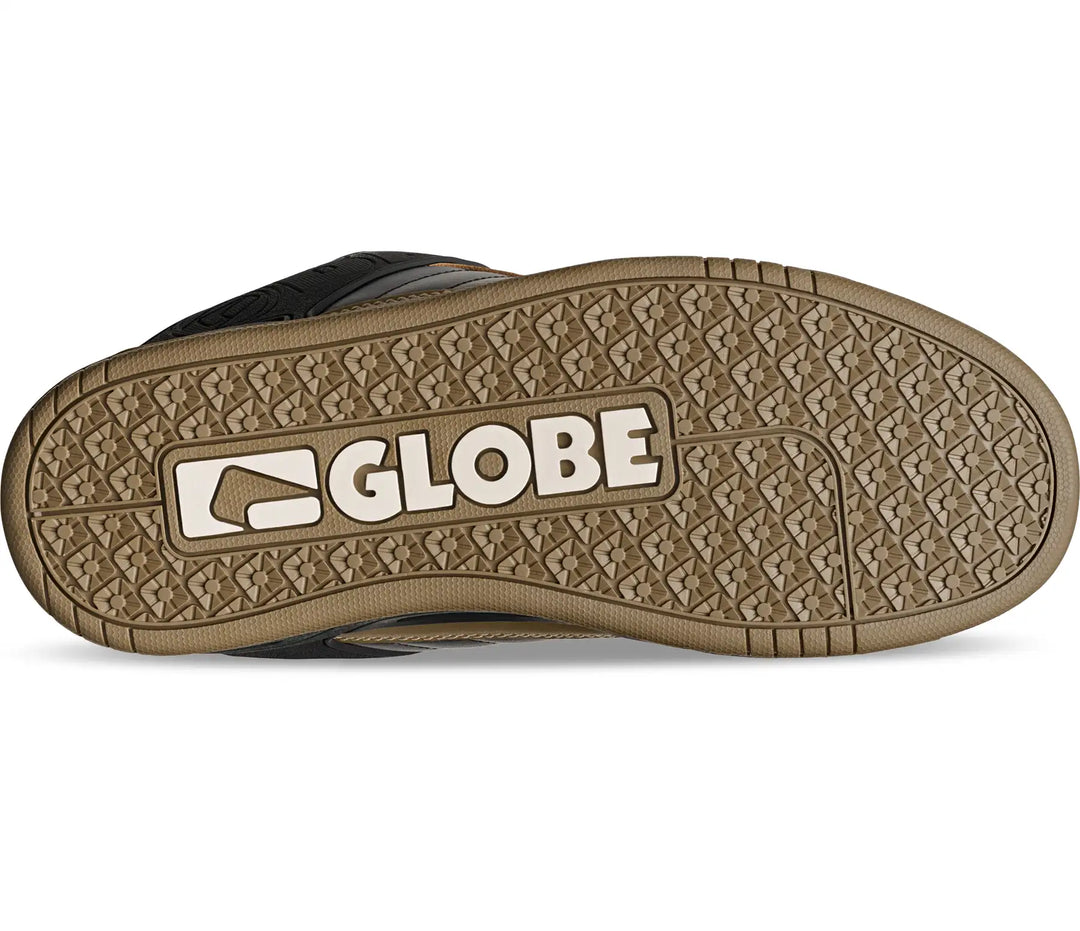 The outsole of a shoe, featuring a textured brown rubber tread with a white and black 'GLOBE' logo in the center, shown against a plain white background.