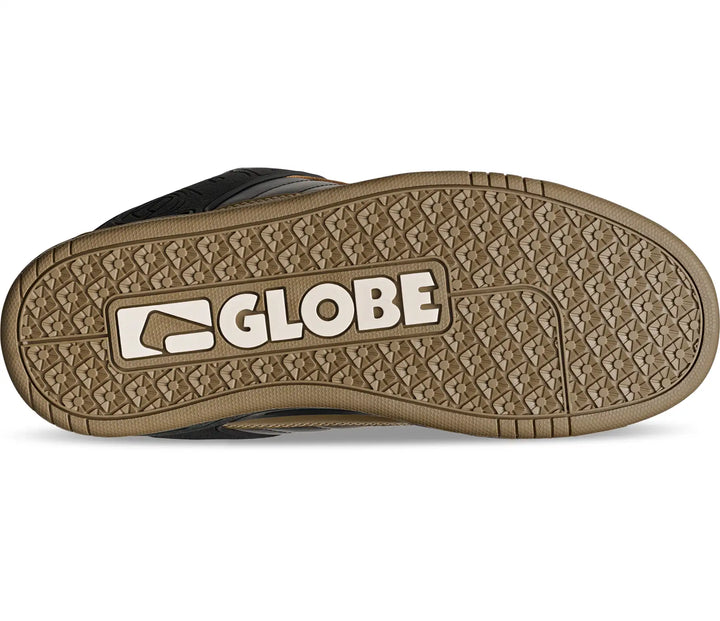 The outsole of a shoe, featuring a textured brown rubber tread with a white and black 'GLOBE' logo in the center, shown against a plain white background.