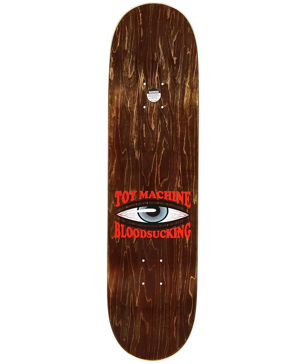 Skateboard deck with 'Toy Machine' and 'Bloodsucking' text on a wooden finish.