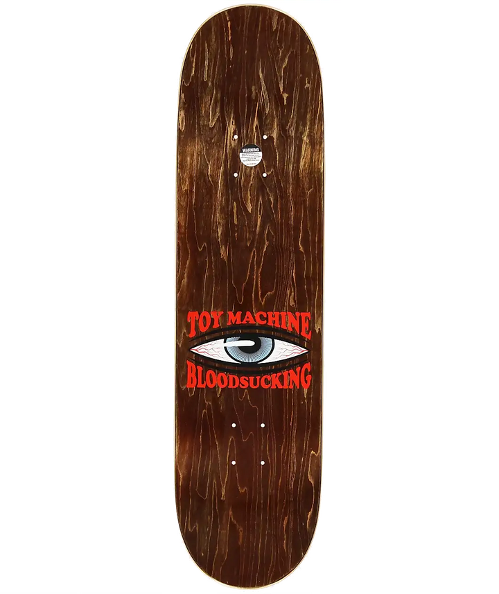 Skateboard deck with 'Toy Machine' and 'Bloodsucking' text on a wooden finish.