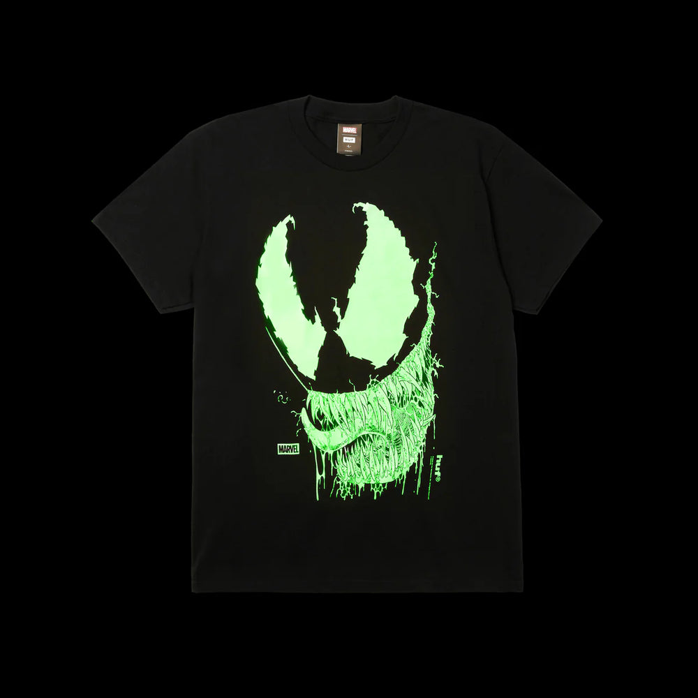 Black t-shirt with a green alien face design on a black background