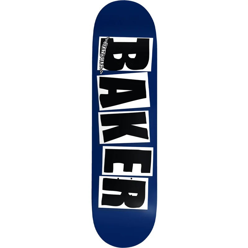 Baker Brand Logo Navy 8.125 skateboard deck with black and white Baker logo graphic