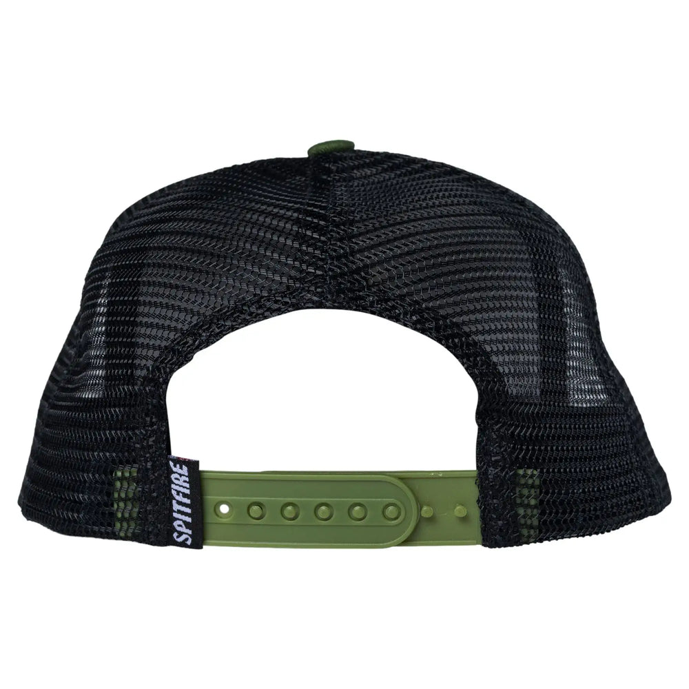 Back view of a black mesh trucker cap with an olive green adjustable strap and a small black brand tag reading SPITAFIRE.