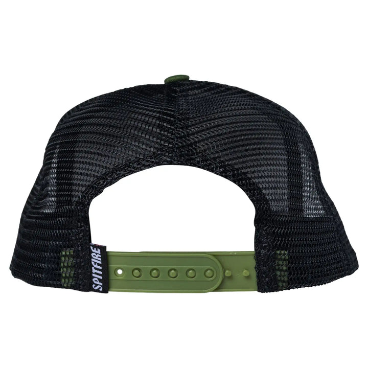 Back view of a black mesh trucker cap with an olive green adjustable strap and a small black brand tag reading SPITAFIRE.