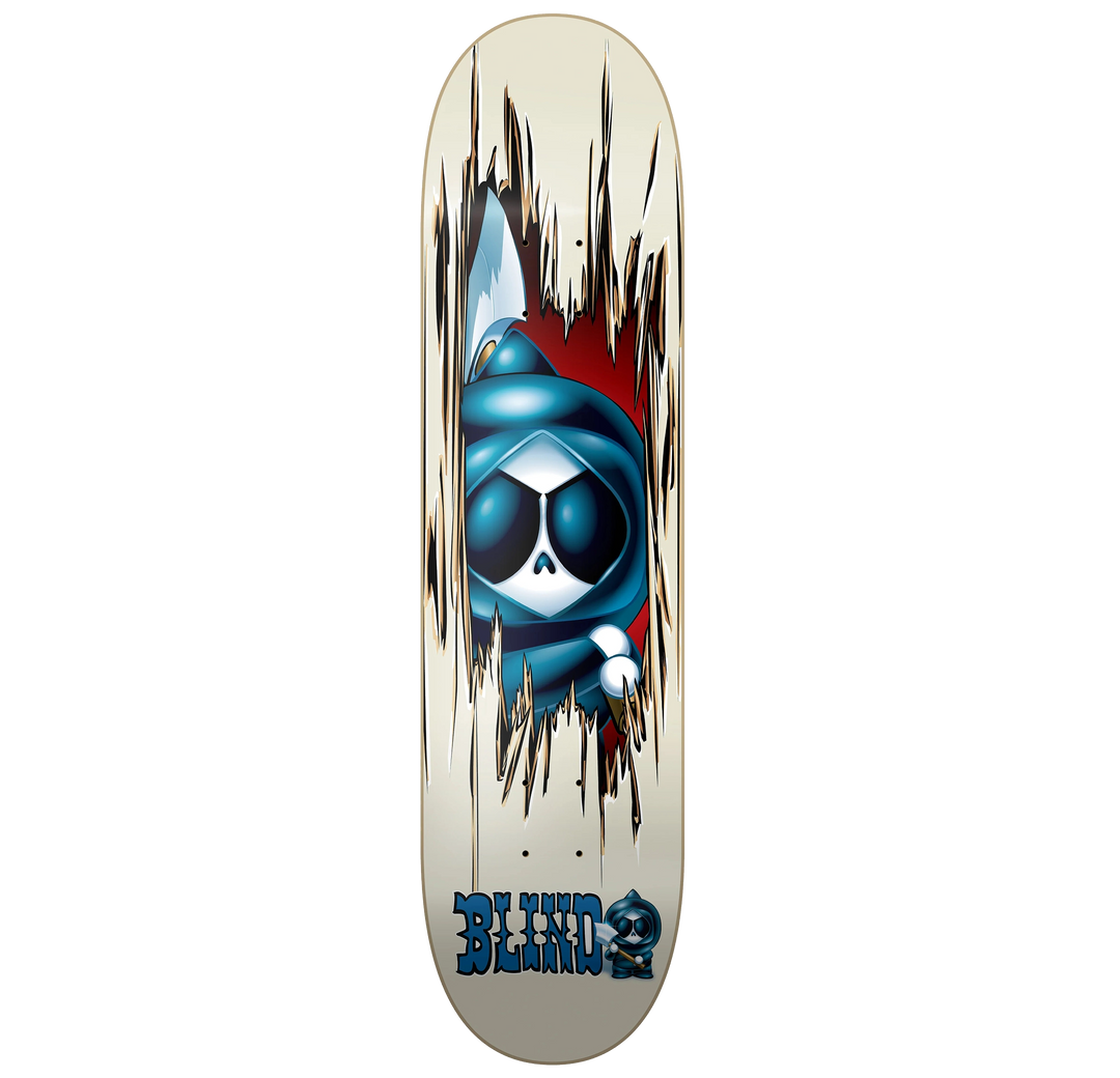 Blind Kenny Axe 8.25 skateboard deck with blue Reaper-style character breaking through a cream graphic.
