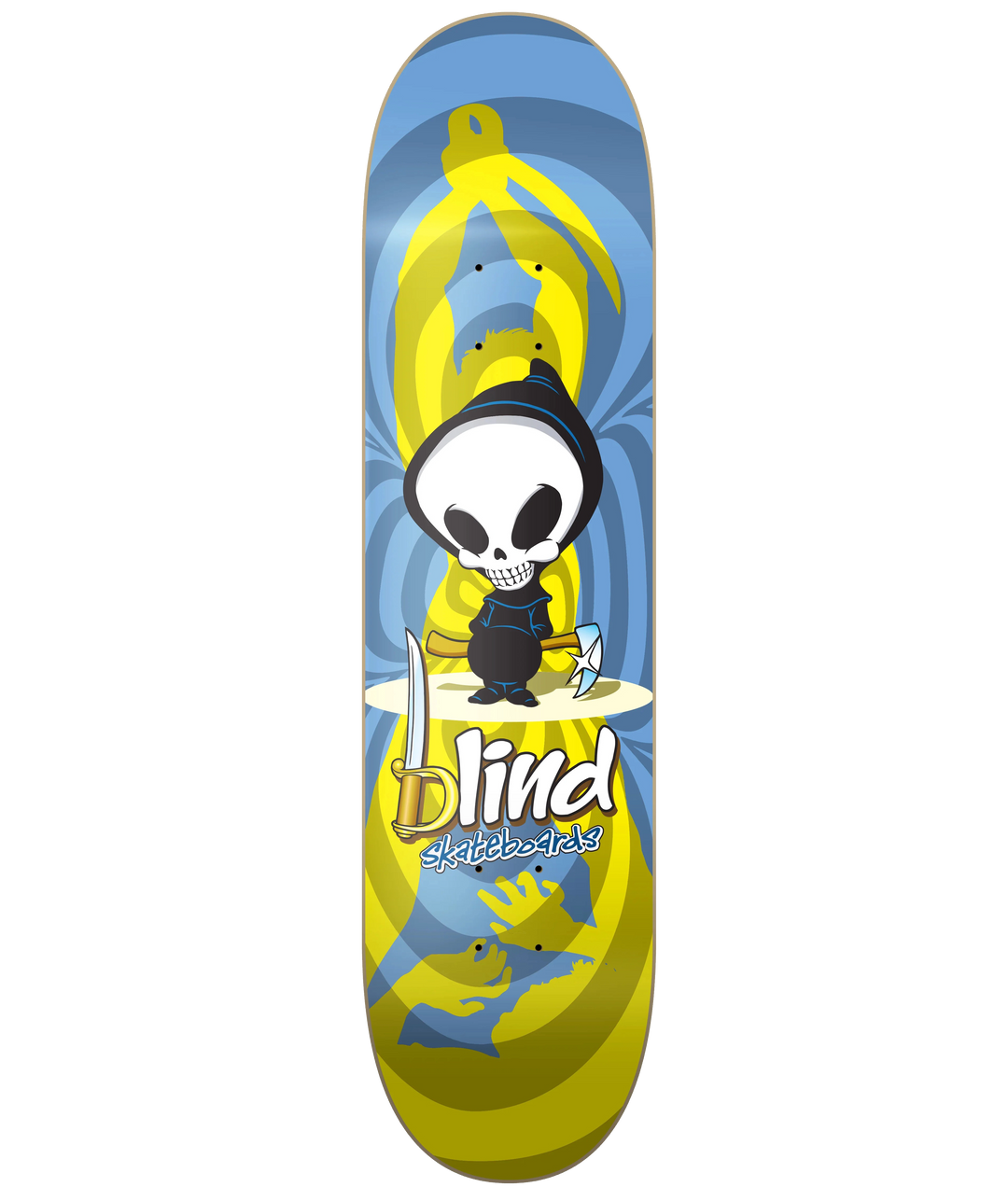Blind Saber 8.0 skateboard deck featuring the iconic Reaper character with blue and yellow artwork.