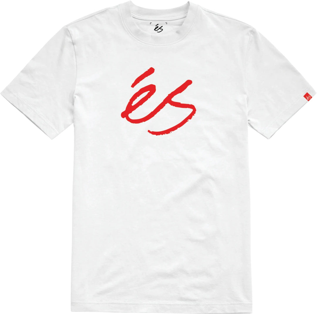 White éS Script Mid Tee with bold red logo print on chest