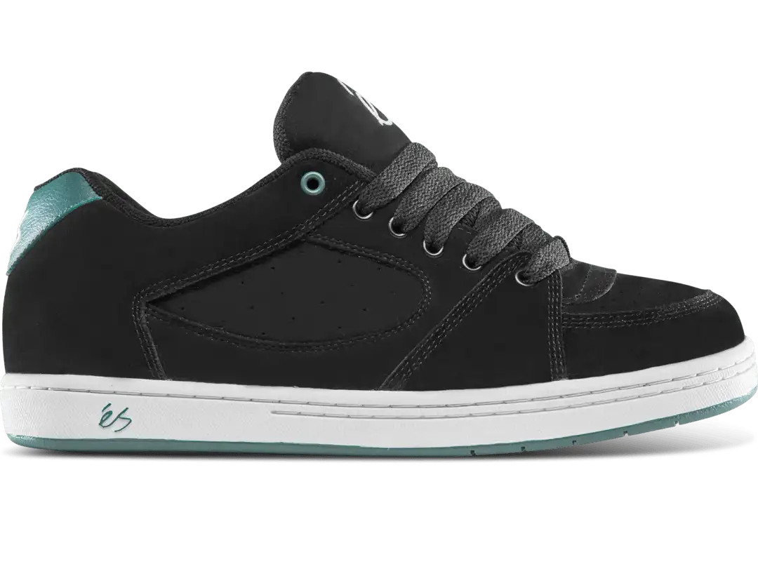 éS Accel OG skate shoes in black and green with premium suede upper and classic 90s padded design