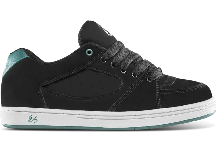 éS Accel OG skate shoes in black and green with premium suede upper and classic 90s padded design