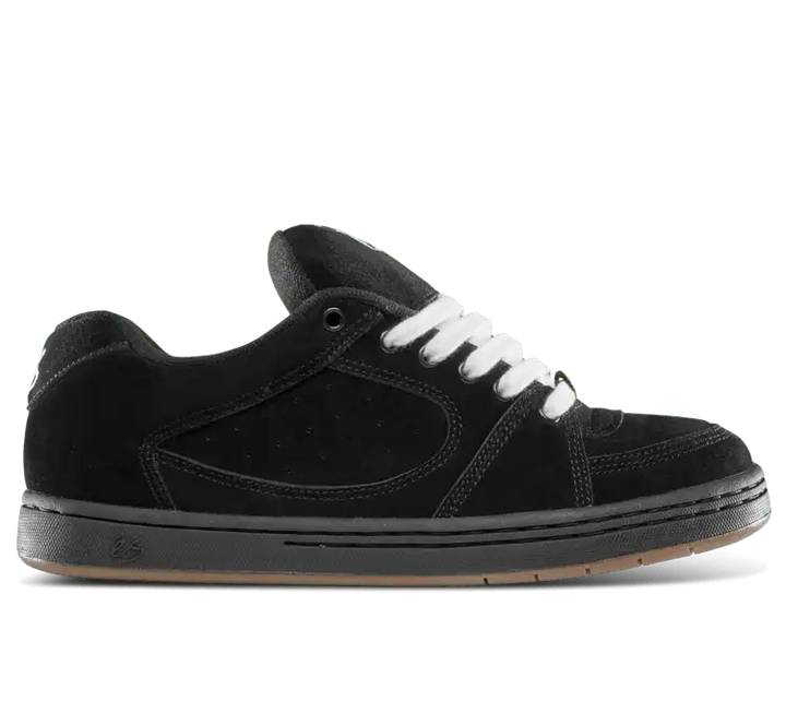 éS Accel skate shoes in black suede with white laces and classic 1995 silhouette.