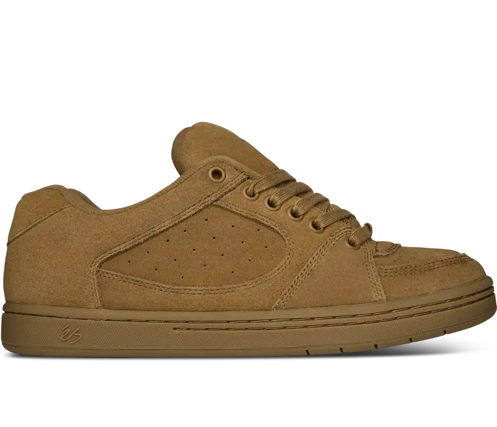 éS Accel skate shoes in Brown Gum suede with classic 1995 cupsole design.