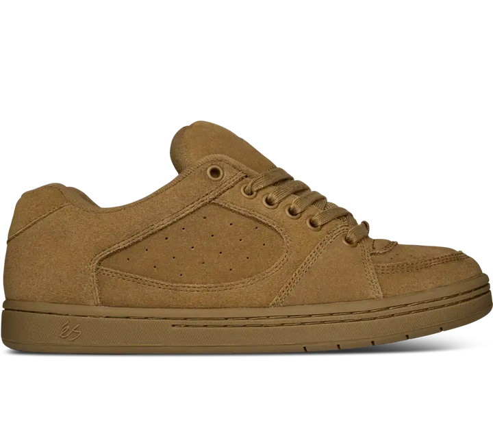 éS Accel skate shoes in Brown Gum suede with classic 1995 cupsole design.
