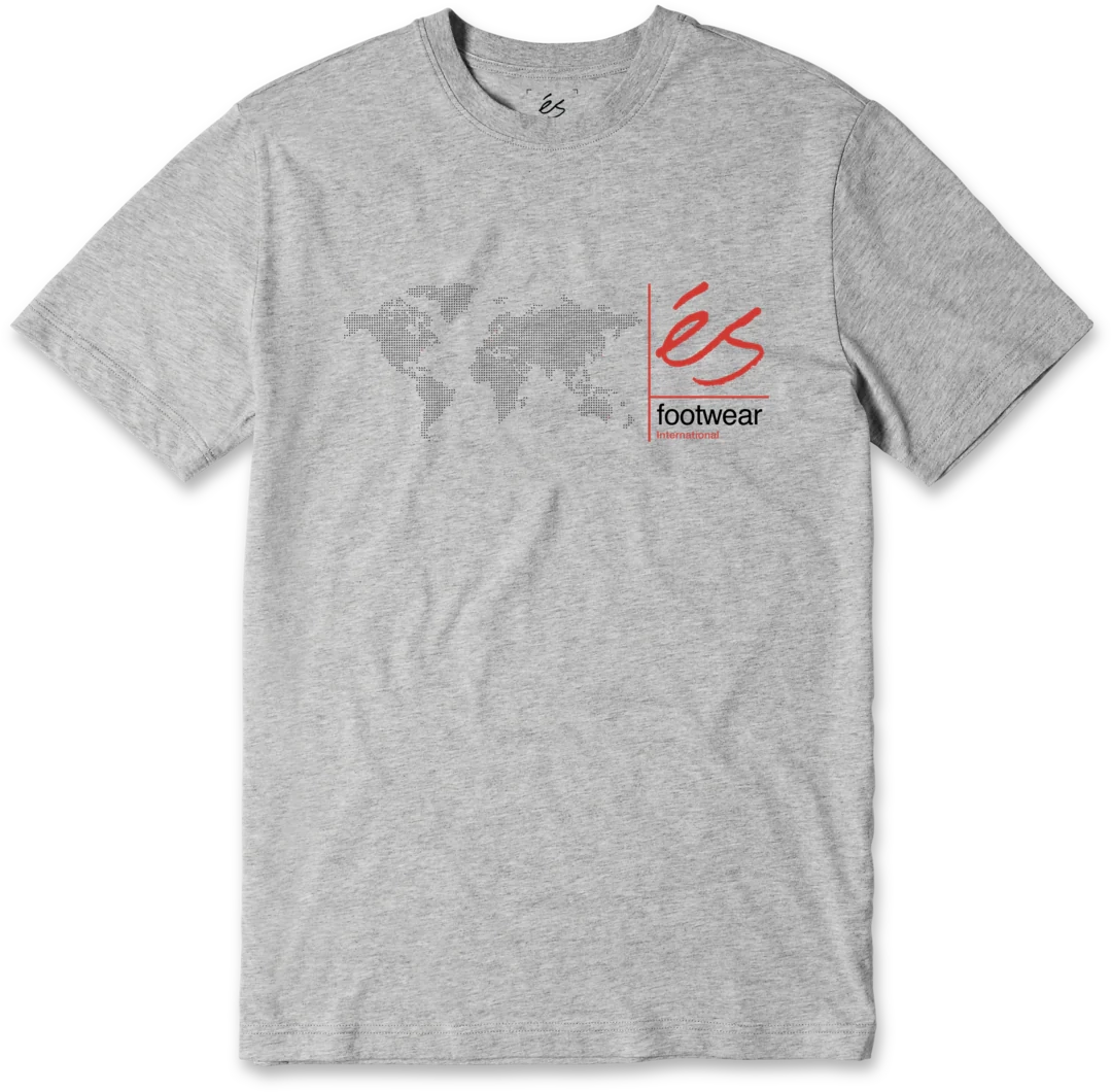 éS Digi Map Tee in Heather Grey featuring a pixelated world map and red script logo, perfect for global skate vibes.