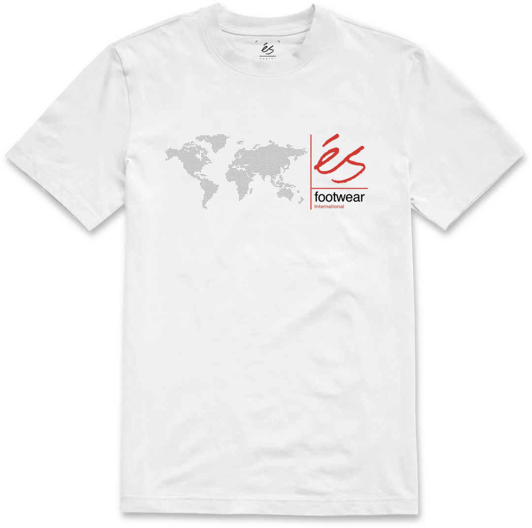 éS Digi Map Tee in White with red script logo and pixel world map graphic, skate-inspired international style

