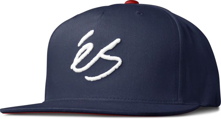 éS Script Snapback Hat in navy with red embroidered script logo, flat brim, and adjustable snapback closure for classic skate style.