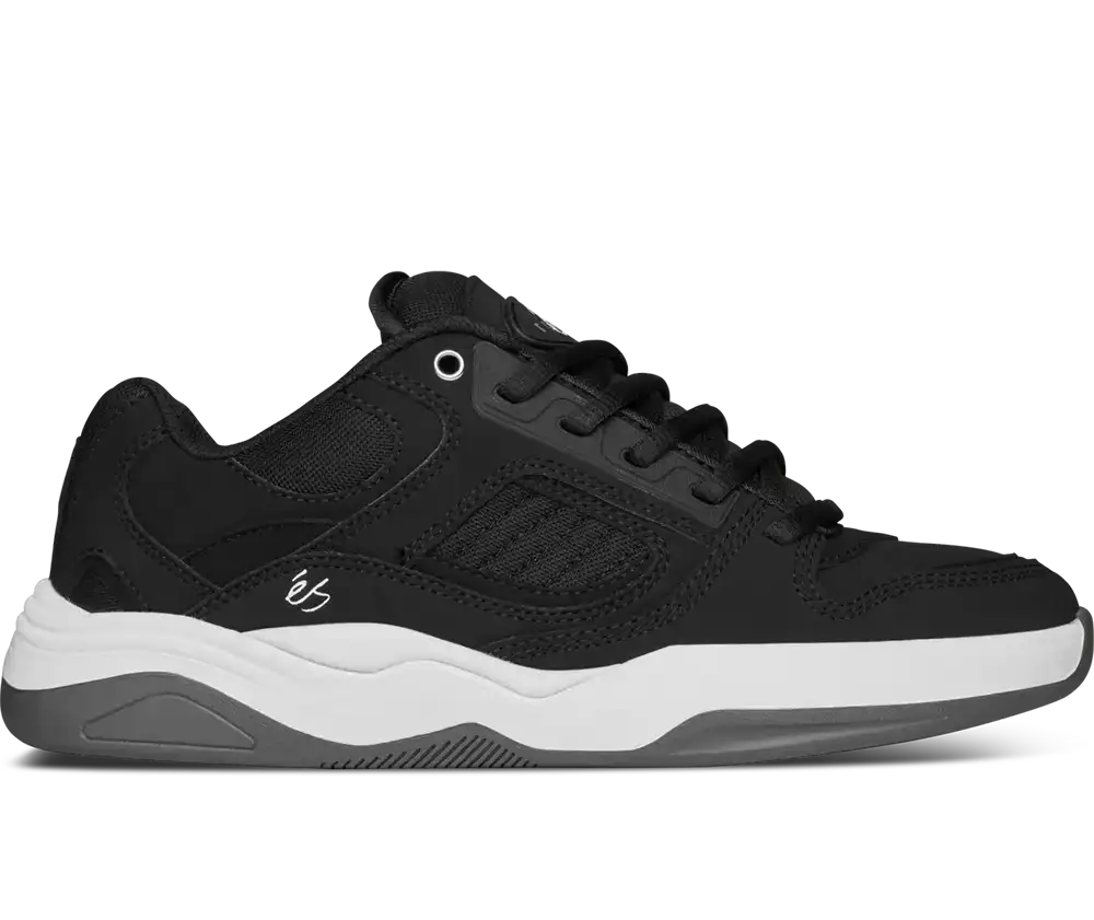 éS TJ Rogers skate shoes in Black White Grey with E-Bound midsole and Geohex outsole.