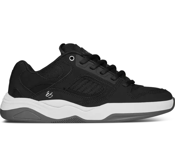 éS TJ Rogers skate shoes in Black White Grey with E-Bound midsole and Geohex outsole.