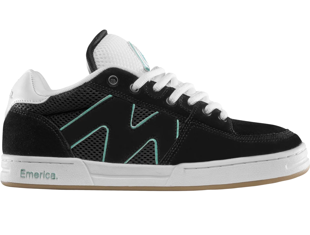 Emerica OG-1 skate shoe in black, white, and green with durable cupsole, suede upper, and 90s-inspired design for rugged performance.