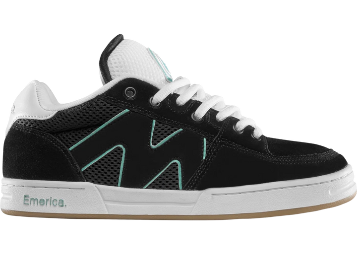Emerica OG-1 skate shoe in black, white, and green with durable cupsole, suede upper, and 90s-inspired design for rugged performance.