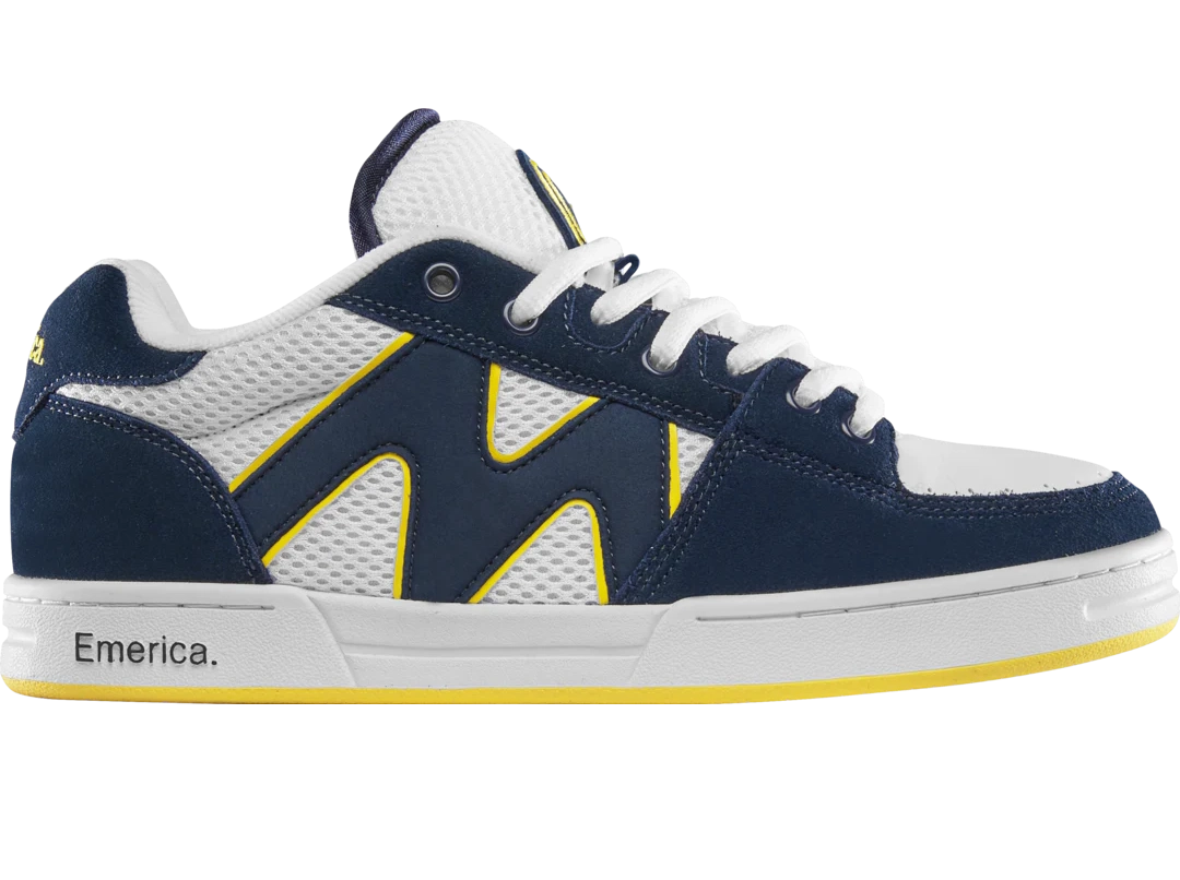 Emerica OG-1 skate shoe in navy, white, and yellow with suede upper, padded tongue, and durable cupsole for classic 90s skate feel.