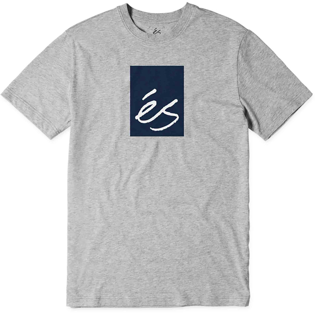 eS Main Block Tee in Grey with navy box and white logo—classic skate style with a clean, bold hit.