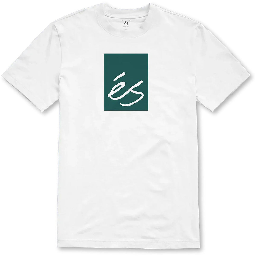 White éS Main Block Tee with green block and white logo graphic on chest.