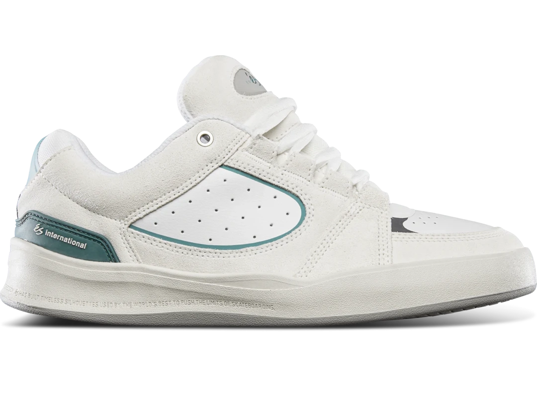 éS Accel Fit Shoe in light grey with suede upper, molded heel clip, and cupsole construction for comfort, control, and skate-ready support.