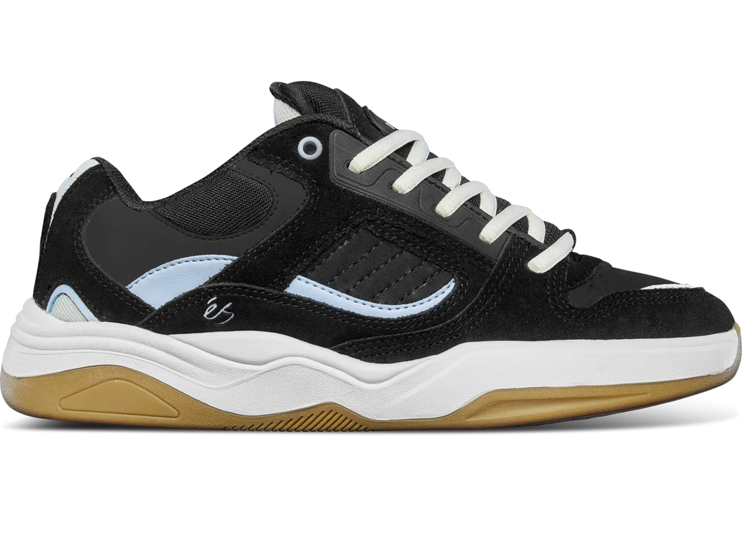 éS TJ Rogers skate shoe in black with light blue details and gum sole