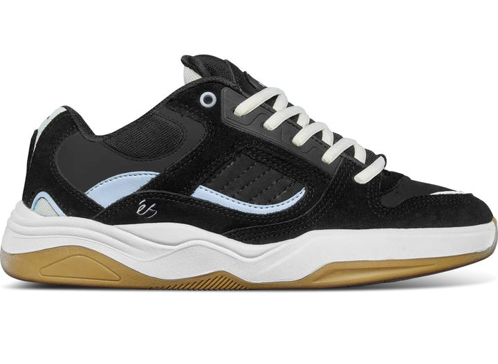 éS TJ Rogers skate shoe in black with light blue details and gum sole