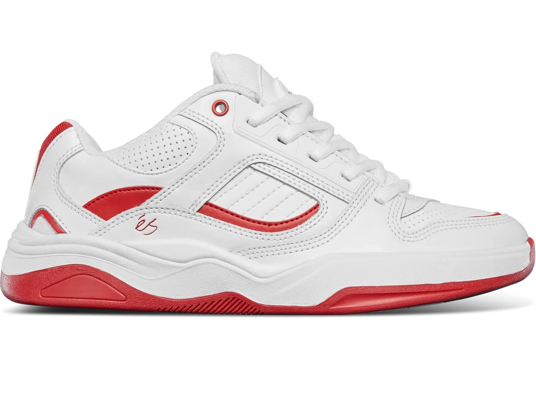 Side view of éS TJ Rogers signature skate shoe in white and red with leather upper and durable cupsole