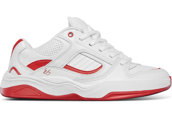 Side view of éS TJ Rogers signature skate shoe in white and red with leather upper and durable cupsole