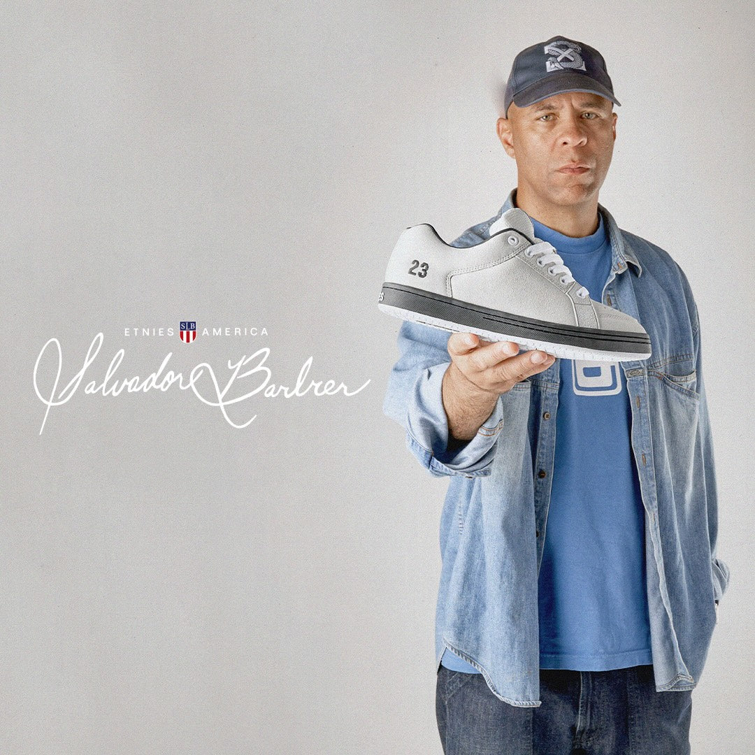 Sal Barbier holds the etnies Sal 23 Shoe in OG White/Black colorway, reissued for a new generation of skateboarders.
